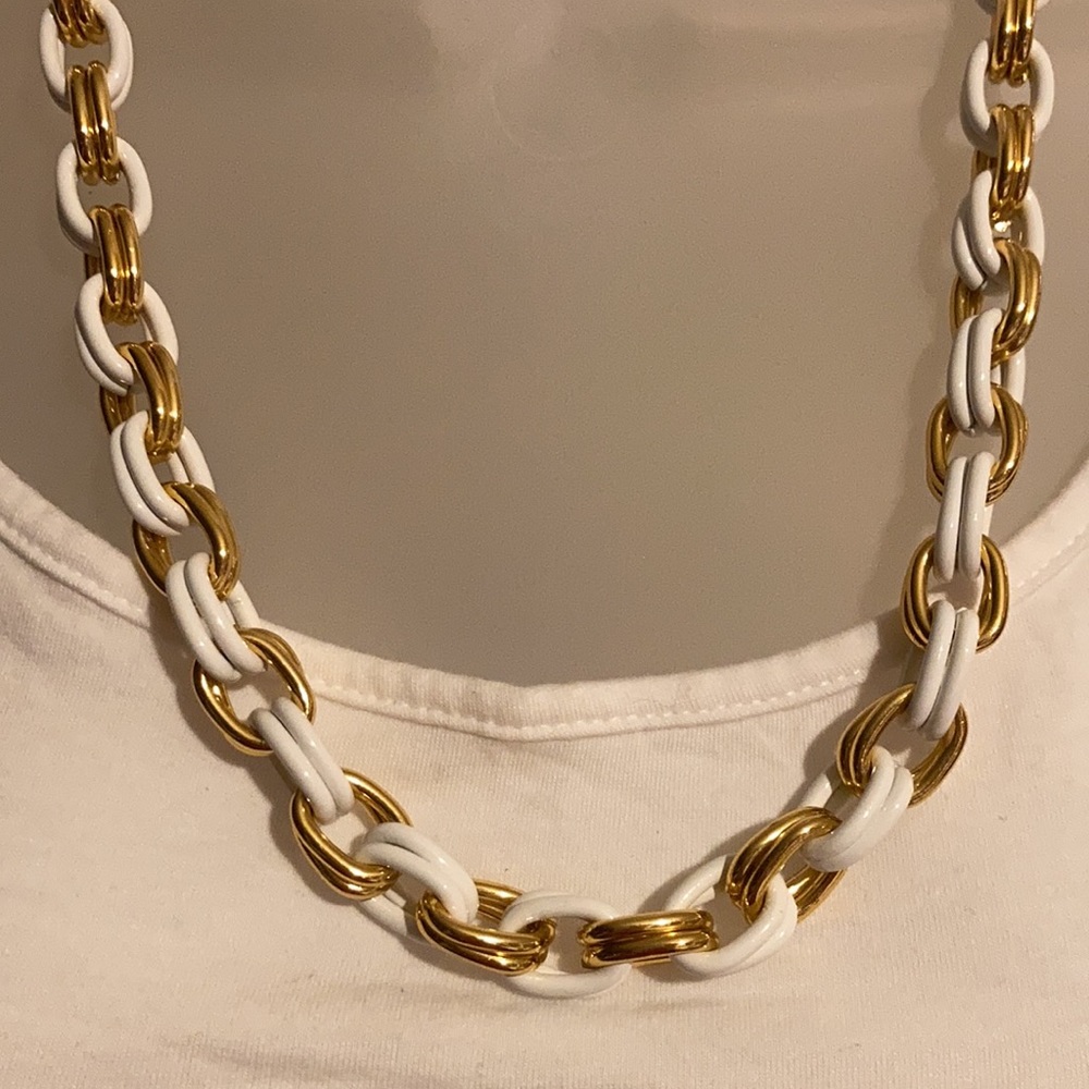 White and gold metal chain link necklace, 24” - Picture 2 of 3